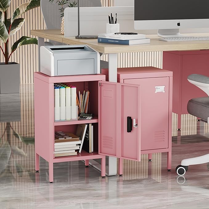 Aobabo 24.4" H Metal Locker Storage Cabinet with 1 Doors, Pantry Storage Cabinet with Adjustable Leveling Foot and Adjustable Shelves, for Kitchen, Employees, Office, Home, Assembly Required, Pink