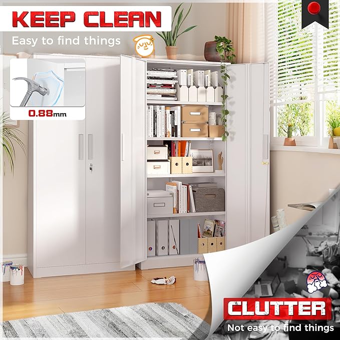 Superday Metal Garage Storage Cabinet with Lock, 71" H Lockable Storage Cabinets with Doors and 4 Adjustable Shelves, Locking Cabinet for Office, Home, Garage, Gym, School (White)