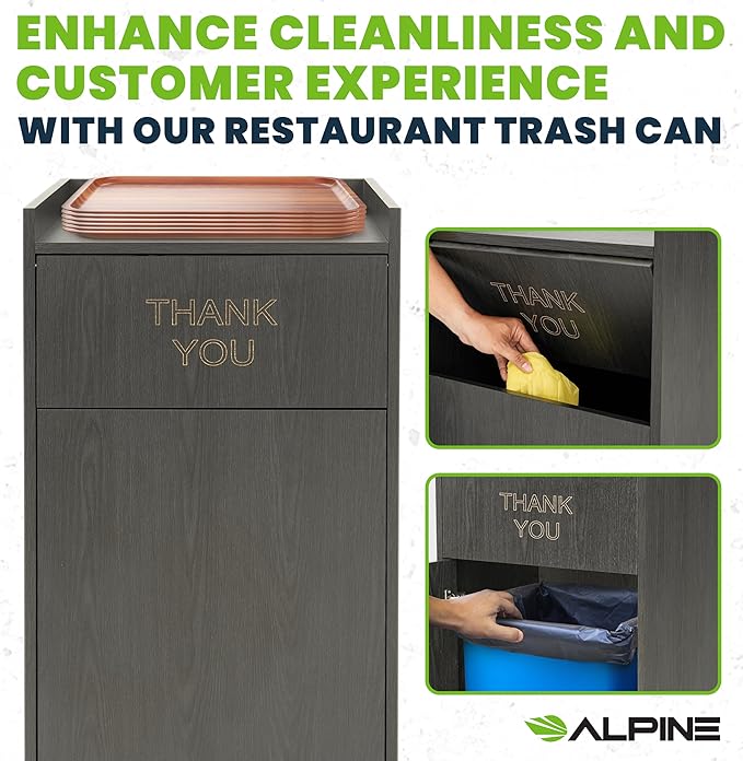 Alpine Industries Restaurant Trash Can Cabinet - Commercial Trash Can 40 Gallon, Garbage Receptacle Indoor with Tray Holder for Restaurants, Cafeterias (Espresso Black)