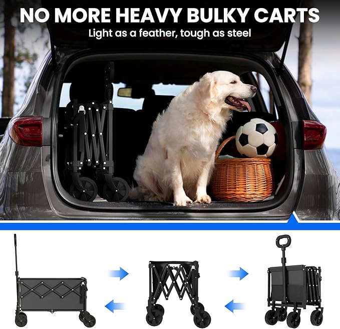 Collapsible Wagon with Wheels, 350lbs Wagons Carts Foldable Wagon Cart with Expandable Storage 100L & Flexible Handle, Lightweight Portable Folding Utility Grocery Shopping Cart for Garden Camping
