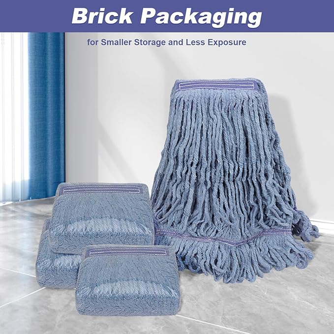 Commercial Heavy Duty Mop Heads Replacements: Wet Industrial Blue Cotton Looped End String Head Refill for General Floor Cleaning (6 Pack)