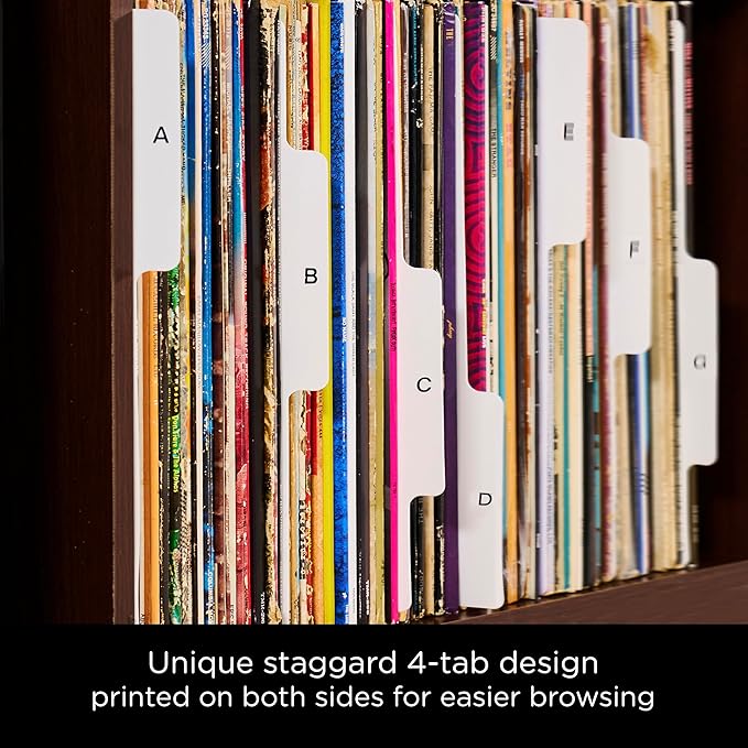 Carstens Records Heavy Duty Vinyl Album Dividers | 12" LP Separators with Tabs | Made in The USA | Music Organizer Tabs for Collectors (White, Double-Sided, A-Z Vertical Tabs, 26 Tab Set)