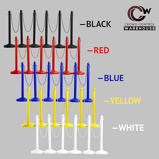 Montour Line Plastic Stanchion Black 2.5 Inch Diameter with 50 Foot Chain, 6-Pack, Crowd Control Barriers