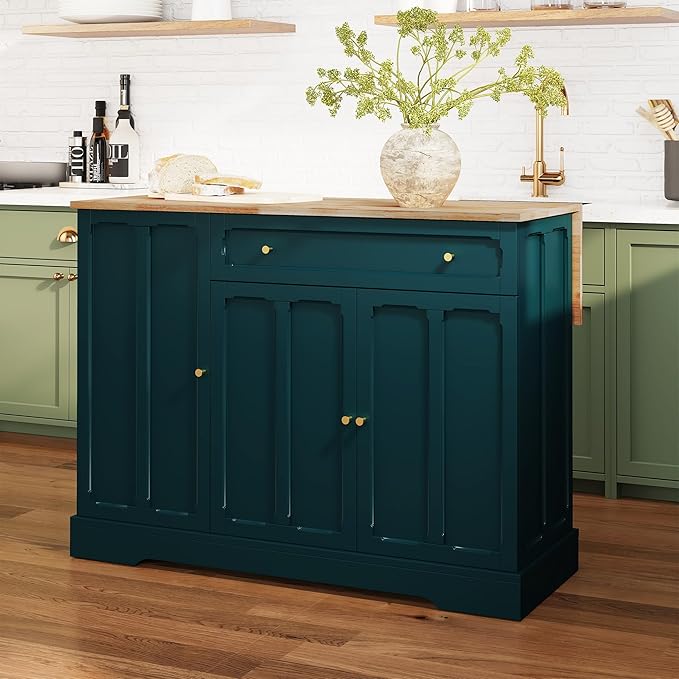HLR Kitchen Island Cart with Storage, Carved Doors Modern Rolling Islands with Drop Leaf, Sideboard Buffet Cabinet on Wheels, Prep Table for Kitchen, Dining Room (Green)