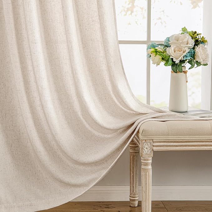 MIULEE Non-See-Through Privacy Linen Curtains 2 Panels, Light Filtering Window Curtains Farn House Textured Back Tab Semi Sheer Drapes for Bedroom Living Room, 52 x 63 Inches Long, Birch