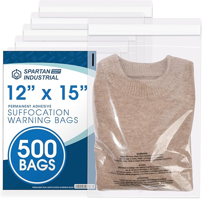Spartan Industrial - 12" X 15" (500 Count) Self Seal Clear Poly Bags with Suffocation Warning for Packaging, Clothes - Permanent Adhesive