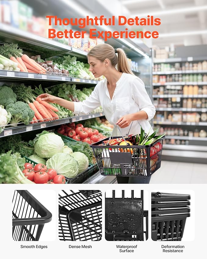 VEVOR Shopping Baskets, 12 PCS, 21L Stackable PE Plastic Grocery Baskets with Handles, Dense Mesh Structure, Holds up to 20 lbs, Portable for Grocery, Retail, Stores, Supermarket, Home Use, Black
