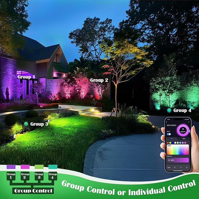 RGB Low Voltage Landscape Lighting Kit, 12 Volt Color Changing Landscape Lights, IP65 Weatherproof Aluminum Outdoor Uplights, Smart Outdoor Spotlights for Tree Lawn