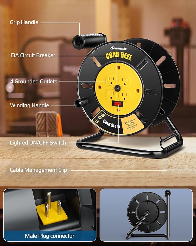 DEWENWILS Extension Cord Storage Reel with 4-Grounded Outlets, Heavy Duty Open Cord Reel for 12/3,14/3,16/3 Gauge Power Cord, Hand Wind Retractable, 13A Circuit Breaker, Yellow, ETL Listed