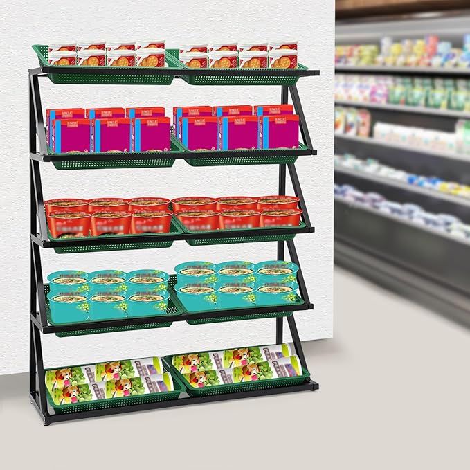 5 Tiers Retail Display Rack, Large Capacity Market Shelf Fruit and Vegetable Basket Stand Rack Set for Kitchen, Office, Store, Supremarket Utility Storage Shelves
