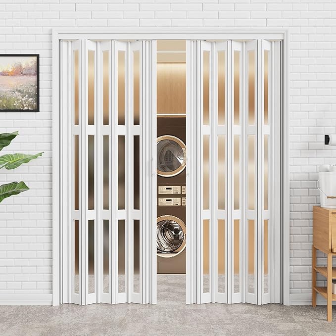 97-120 x 80in (Double 49-60) Accordion Doors Interior Folding Door, 3 Frosted Acrylic Glass PVC Accordion Door with Upgraded Roller & Handle & Complete Hardware for Closet Bathroom Doorways