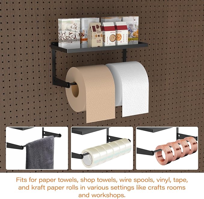 2 Pack Pegboard Paper Towel Holder with Shelf, Heavy Duty Peg Board Accessory, Metal Pegboard Organizer Accessories for Garage, Workshop, Craft Room