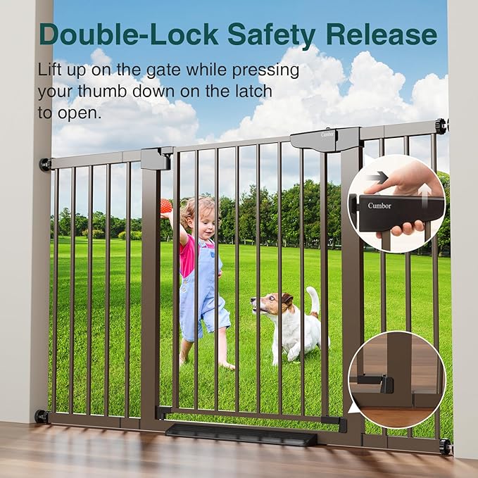 Cumbor 29.7-54.2" Wide Baby Gate for Stairs, Mom's Choice Awards Winner-Self Closing Dog Gate Indoor for Doorways, No Drilling Pressure Mounted Pet Gates for Kids, Easy Walk Through Safety Gate, Brown