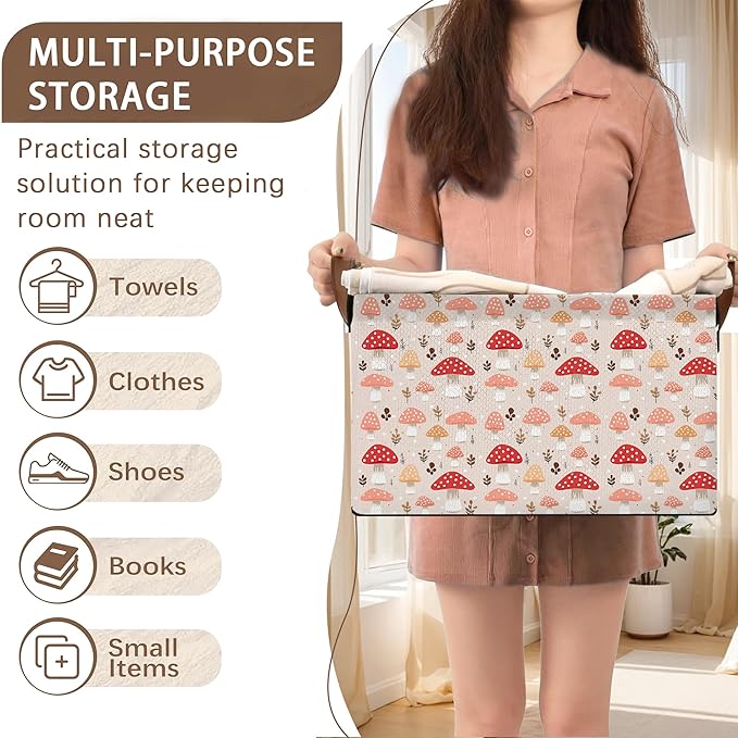 Red Mushroom Storage Basket Large 17x11.5x10.5 Inches - Collapsible Fabric Organizer Bin with Handles for Kids Room, Nursery, Toys - Foldable Decorative Hamper with Cute Mushroom Design - Single Pack