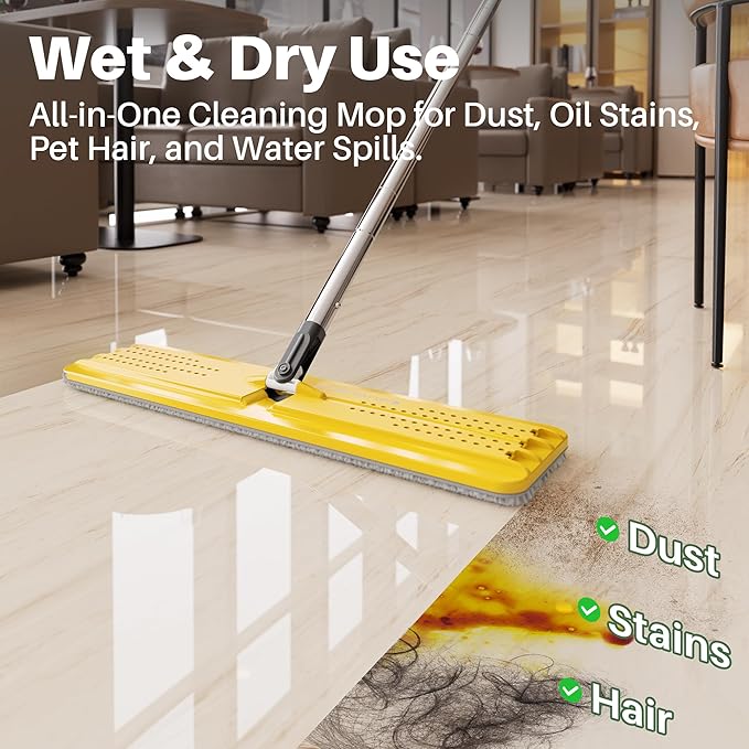 JOYMOOP Industrial Mop and Bucket Set, 17.7-inch Dust Mops for Floor Cleaning, Flat Mop Bucket with Wringer, Include 5 Reusable Microfiber Mop Pads - Yellow