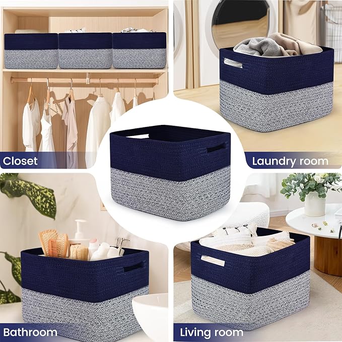 3 Pack Shelf Woven Storage Basket, 15 x 10 x 9” Closet Rope Baskets For Organizing, Square Bins with Handles, Grey+Blue