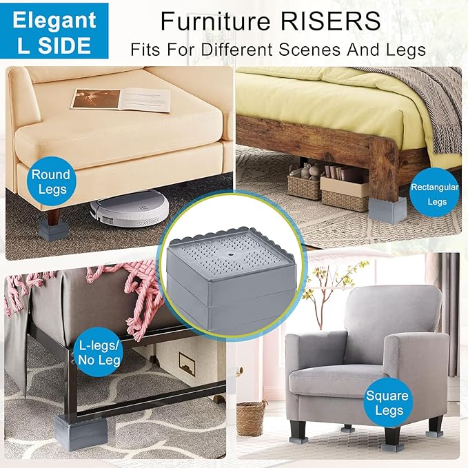 Bed Risers 1 inch, 2 inch, 3 inch, 4 inch Heavy Duty, Adjustable Furniture Riser for Table Desk Couch Sofa Chair Recliner Leg Frame Dorm, Stackable Bed Raisers Blocks (Grey 4 Pack, 1 inch)