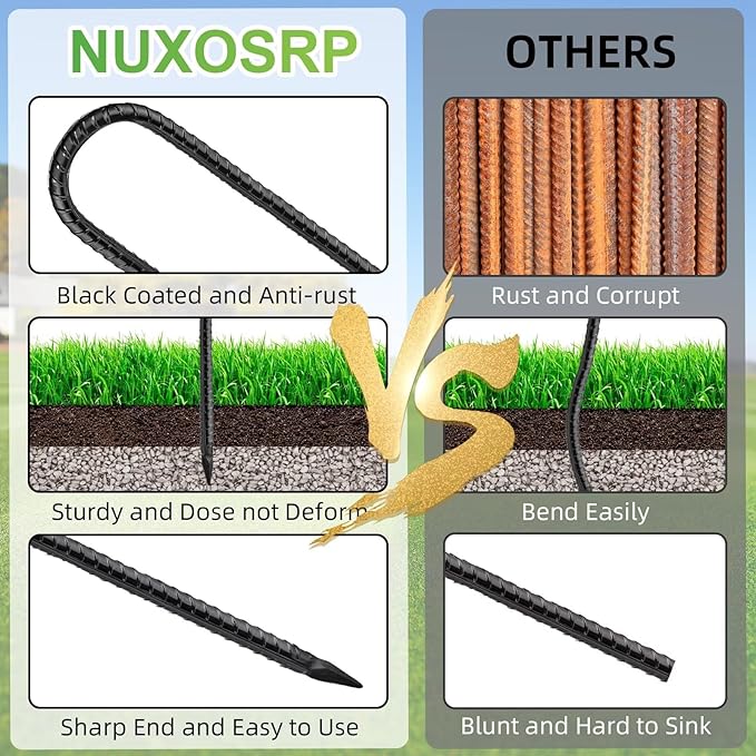 Rebar U Stakes 12 Inch - 6 Pack Black Galvanized Steel Heavy Duty Ground Anchors for Trampoline,Tent,Tarp,Soccer Goal,Garden Stake & Yard Art