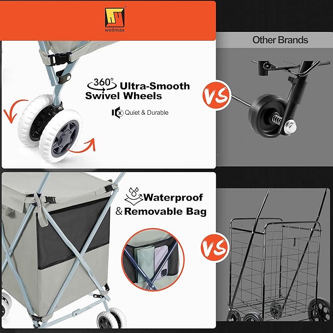 Wellmax WM99100 Series Folding Shopping Cart with Wheels, Grocery Cart with Removable Canvas with Cover, Lightweight Utility Cart for Groceries and Laundry - Holds up to 120 lbs (Gray)