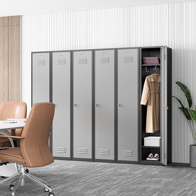 Bestoo Metal Locker, 71" Storage Cabinet with 1 Lockable Door and Hooks, Tall Freestanding Wardrobe for Employees, Gym, School, Home and Office (Black Gray)