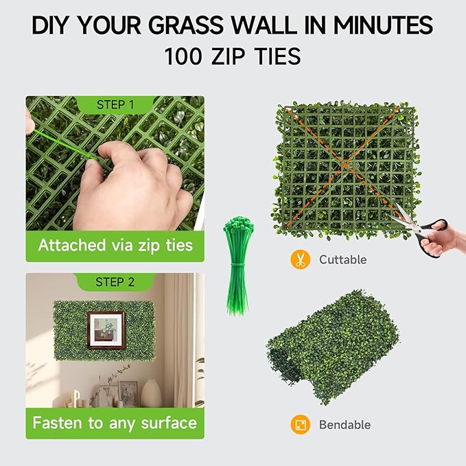 Artificial Grass Wall Panels, 24 PCS 10x10 inch Boxwood Hedge Wall Panels with 100 Zip Ties, Boxwood Panels Backdrop for Outdoor Indoor Decorative Garden Fences Backyard Patio Privacy Hedge