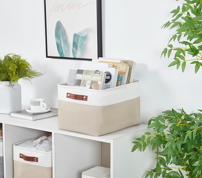 DECOMOMO Storage Baskets for Shelves - Fabric Storage Bins, Linen Closet Organizers and Storage (Beige & White, Large - 3 Pack)