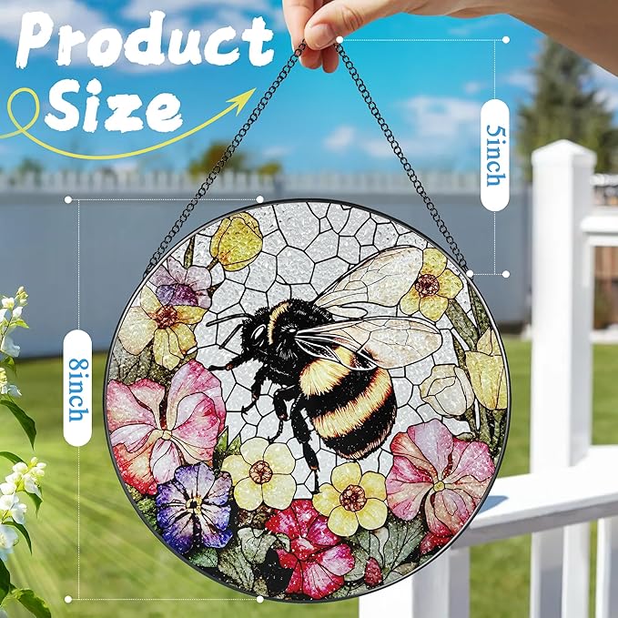Stained Glass Window Hanging, 8 Inch Bee Stained Glass Ornament, Suncatchers for Windows Hanging, Window Decor, Gift for Garden Lover, Teacher Gift, Holiday, Birthday Gifts for Women Mom and Grandma