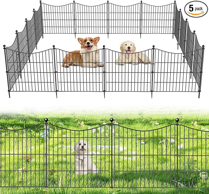 5 Panels No Dig Dog Fence Outdoor for Yard, 24 in(H) X 10 ft(L) Decorative Tall Garden Fence Animal Barrier, Rustproof Metal Wire Garden Edging and Borders, Temporary Fencing Stakes