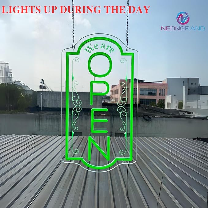 Vertical open sign Vertical Open Led Sign Neon Sign business window light vertical open signs for business (Green, 16.5x9'')