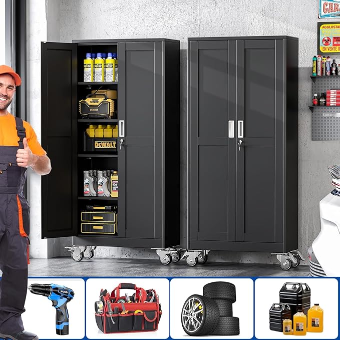 Metal Garage Storage Cabinet with Lock, Steel Tool Cabinet with 2 Door and 4 Adjustable Shelves, 71” Tall Lockable File Cabinet with Wheels, Rolling Cabinet for Home Office Garage Gym - Black