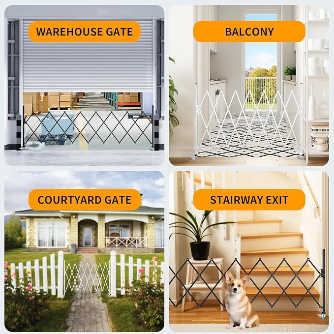 Expandable Barricade Gate,82" Metal Safety Barrier Gate with Casters,Accordion Garden Yard Outdoor Indoor Fence Folding Security Dog Gates Wall Mount,White