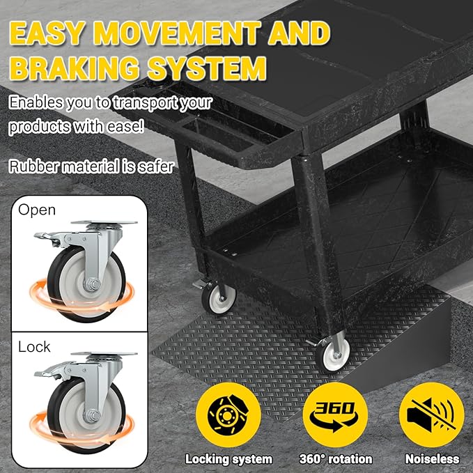 Heavy Duty Plastic Utility Cart with Wheels, Rolling Flatbed Tool Cart on Wheels, Service Cart for Garage, Warehouse, Workshop, Office, Cleaning (Black-45.7 inch)