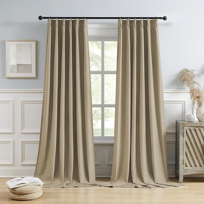 DUALIFE Taupe Blackout Pinch Pleated Curtains for Bedroom 120 Inch Length, Linen Blended Farmhouse 100% Blackout Thermal Insulated Back Tab Drapes with Hooks for Track System 2 Panels W40xL120
