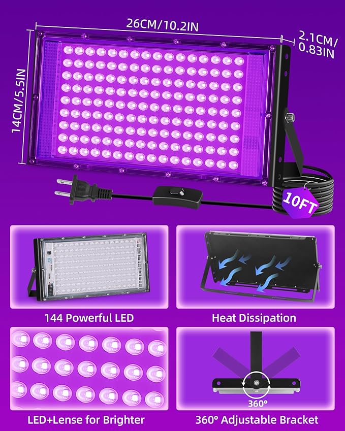 150W LED Black Lights IP66 Waterproof Black Light Outdoor with 10ft Plug+Switch, Flood Blacklight for Halloween Glow in The Dark Party Stage Light Neon Glow Birthday 2 Pack