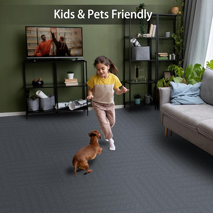 Peel and Stick Carpet Tiles, 12" x 12" Self-Adhesive Soft Floor Stickers,Dark Gray Easy Install DIY Rug for Kids' Room, Bedroom, Dining Room, 30 PCS (30 sq ft/Box)