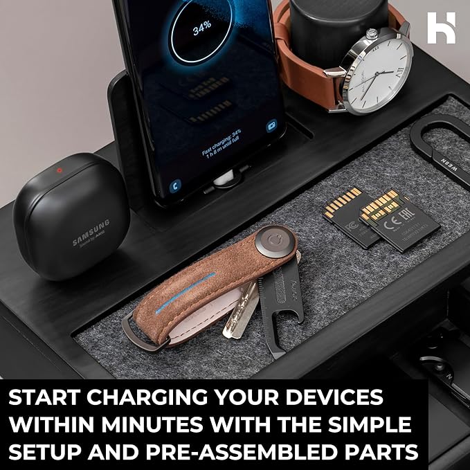 Holme & Hadfield Premium Wooden Phone Docking Station with Drawer – Nightstand Organizer for Charging Phone & Earbuds – Declutter Your Space with Felt-Lined Protection & Watch Pillar – Gift For Men