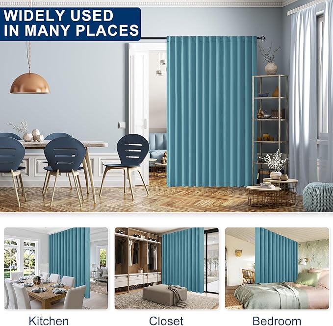 Hiasan Blackout Patio Sliding Door Curtain Extra Wide Thermal Insulated Blind Privacy Room Divider Curtain with Back Tab & Rod Pocket for Bedroom Partition Glass Door (100 x 84 Inches, Turquoise)