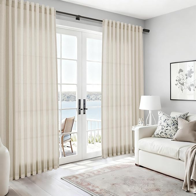Nanspring Vanilla 102 Inch Long Curtains for Living Room Linen Light Filtering Semi Sheer Curtain Back Tab Modern Farmhouse Decor Floor to Ceiling Coastal Drapes for Bedroom 52x102, 2 Panels
