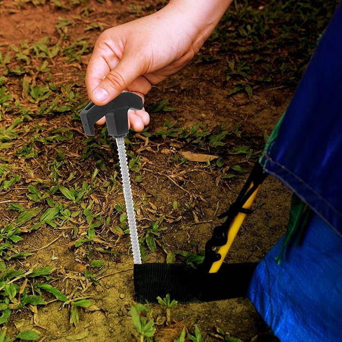 Hexagonal Carbon Steel Tent Ground Anchors with Threaded Spiral Design Camping Pegs for Beach Lawn Hard Soil Fabric-Friendly Caps for Tent Protection and Enhanced Stability