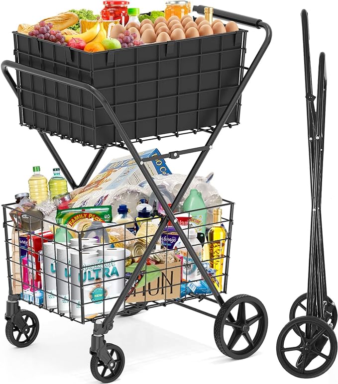 [2025𝐍𝐄𝐖] 2-Tier Extra Large Collapsible Grocery Cart On Wheels, 400lbs Shopping Cart For Groceries With 2 Removable Baskets, Waterproof Liner, Heavy Duty Foldable Shopping Utility Cart For Seniors