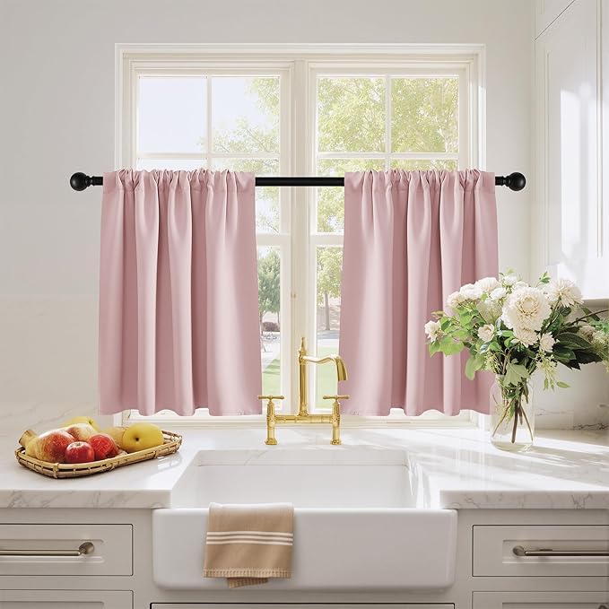 PONY DANCE Blush Pink Cafe Curtains 24 inch Length,Thermal Insulated Small Window Curtains for RV Camper, Privacy Basement Short Drapes, Peach Blush, W 29 x L 24 inches, 2 Panels Set