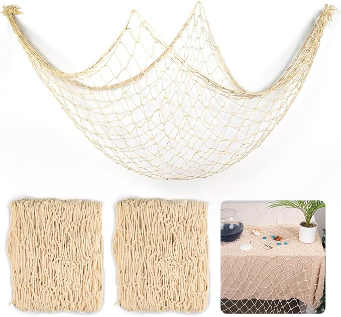 2 Pcs Fish Net Decorations, 39x78 Inch Cotton Nautical Themed Fishing Net, Wall Hanging Photo Display Fishnet for Coastal Bedroom Bathroom, Pirate Hawaiian Beach Under The Sea Party Decor, Beige