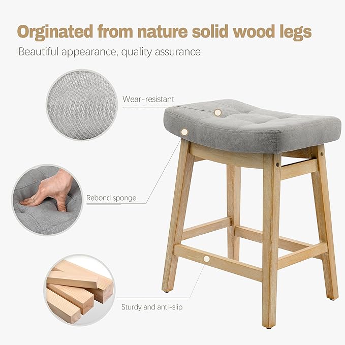 Counter Height Bar Stool for Kitchen Counter Modern Backless Barstool with Upholstered Fabric Seat and Solid Wood Leg Farmhouse 24 inch Bar Chair, Grey + Wood Color, 1pc