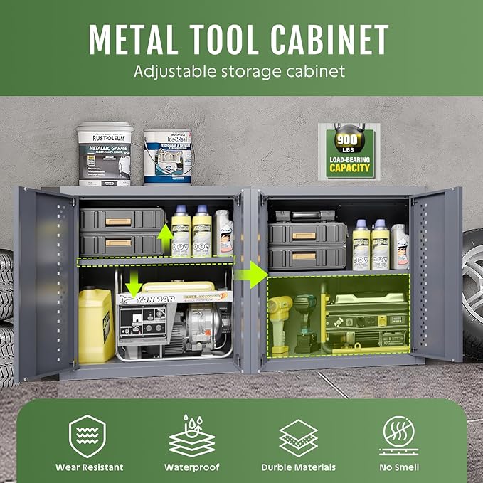 Metal Garage Cabinet, Storage Cabinets, Floating Garage Tool Cabinet with 2 Doors and Adjustable Storage Shelves, Heavy-Duty Tool Organizer for Warehouse, Basement, Kitchen