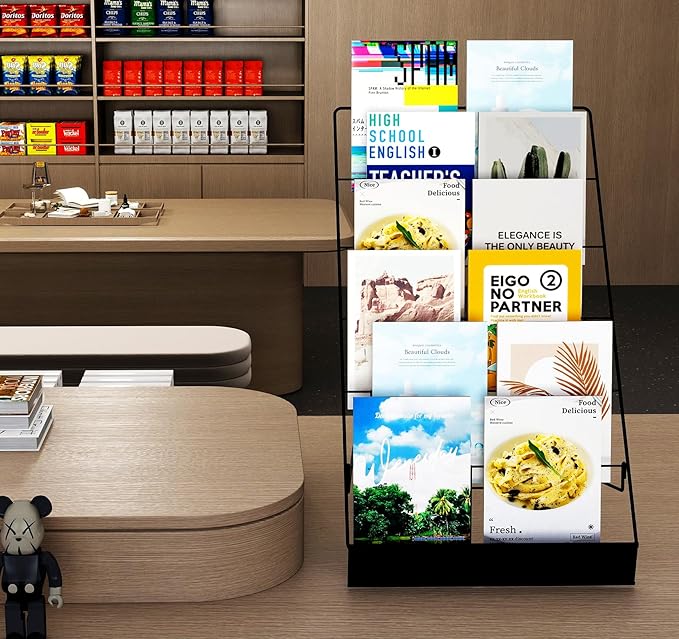 6 Tier Countertop Wire Magazine Racks,18" Wide Metal Comic Book Display Rack with Sign Channel,Foldable Retail Vendor Booth Display Stand for Greeting Card,Brochure,Art Print,CD,Craft