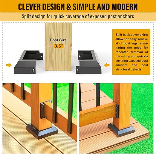 3.5"x3.5"（Actual: 3.5"x3.5"） Deck Post Base Cover Decorative Post Base Trim Skirt Black Aluminum 8Pack
