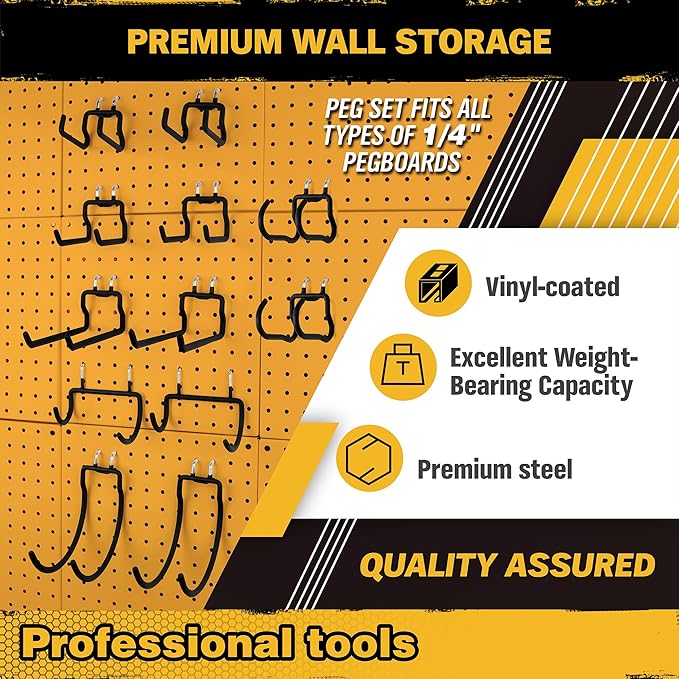 ELEAD 28-Piece Pegboard Hooks with Extension Straps, Heavy Duty Organizer Pegboard Accessories Fit for 1/4" Pegboard, Peg Board Tool Utility Hangers for Power Tool, Drill, Bag, Cord