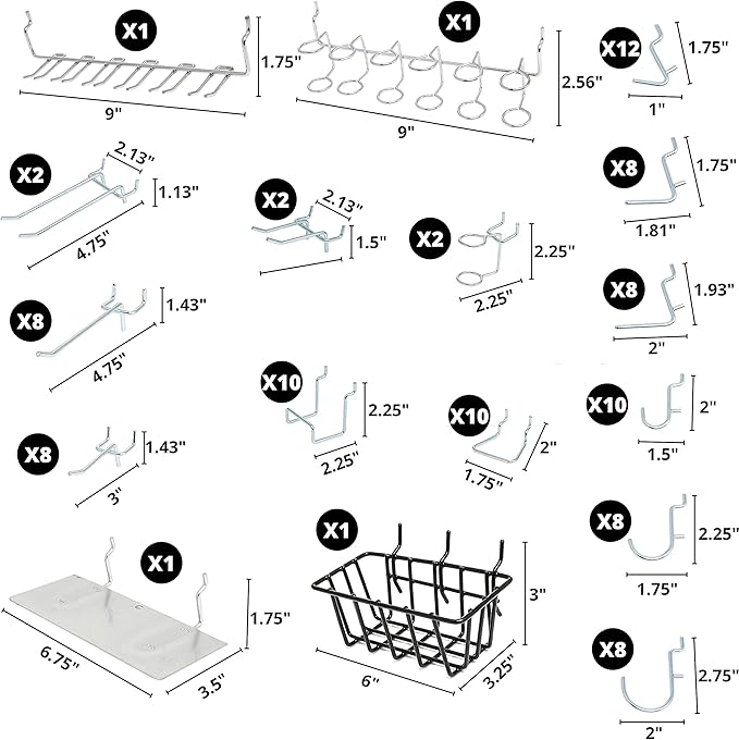 Hiltex 53108 100 Piece Metal Peg Board Hooks and Accessories Set, Pegboard Hooks Assortment, Bins & Hooks for Crafts, Organizer for Garage, Peg Board Tool Utility Hook, 1/4 Pegboard Hooks Accessories