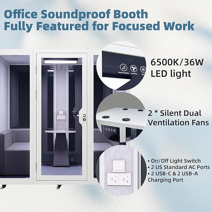 Office Pod, Sound Pod, Large Space SoundProof Office Pod for 8 People, Sound Booth Mobile Roller, LED Lighting, Centrifugal Fans and AC USB Ports X Large for 8 Persons White/Smoked Glass