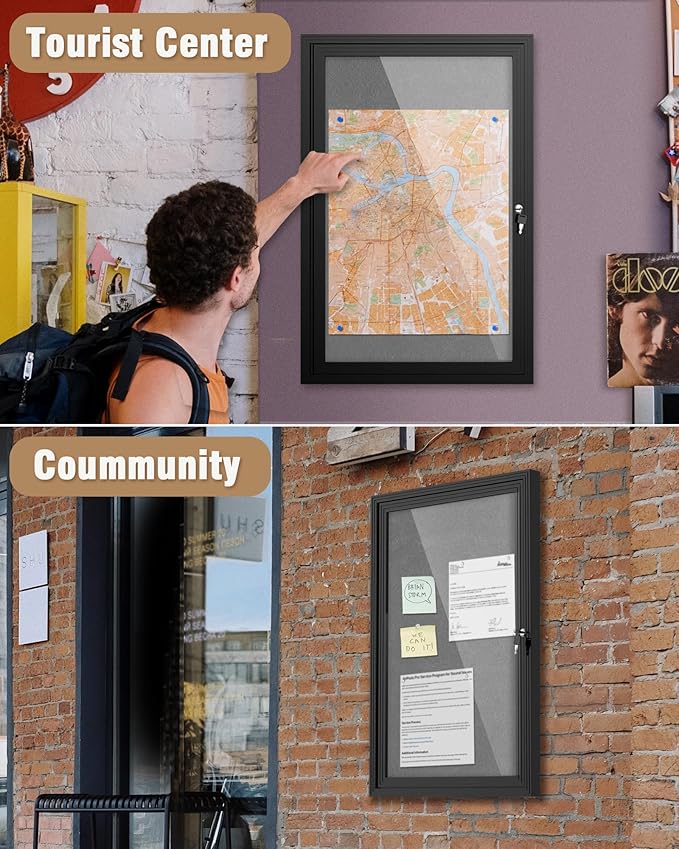 Mifuro 36"x24" Enclosed Bulletin Board, Outdoor Lockable Weather-Resistant Aluminum Cork Noticeboard for School & Office, Black Frame w/Grey Flet